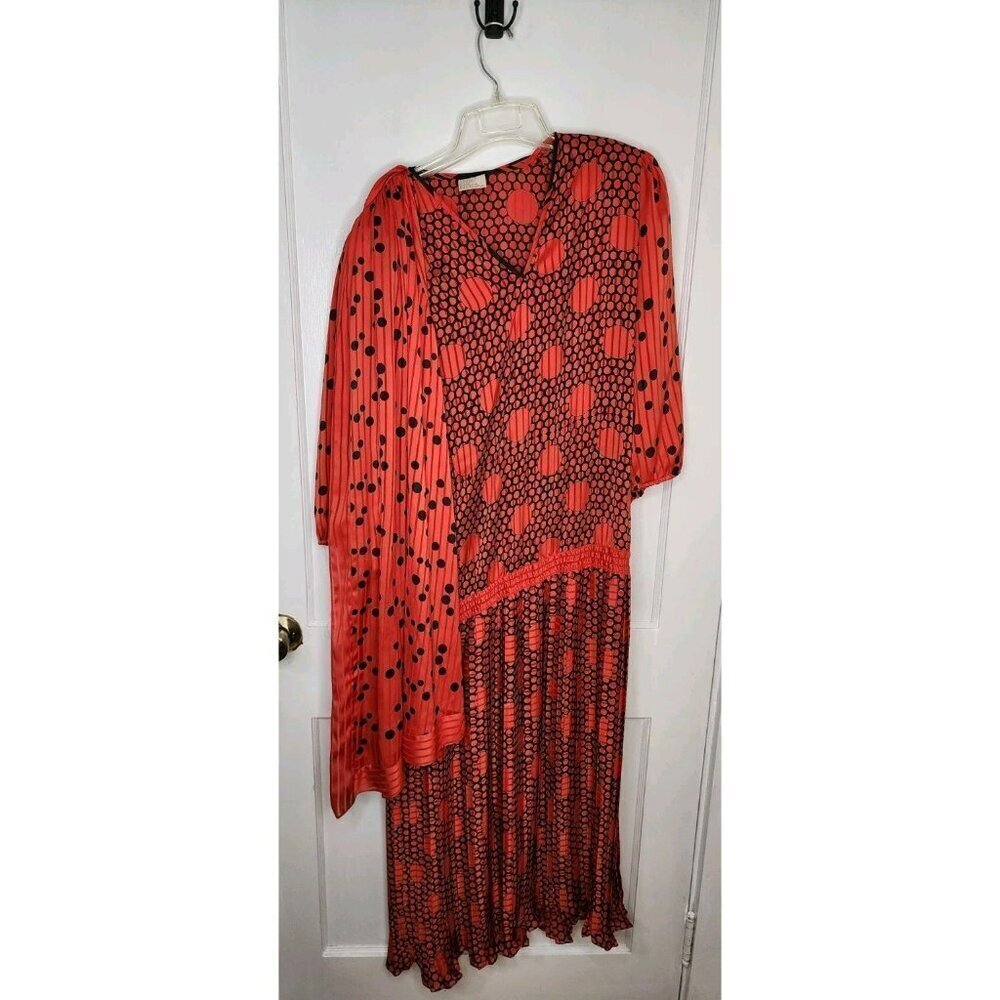 Diane Freis Georgette Red Polka Dot Maxi Dress Pleated Attached Scarf Sz Large